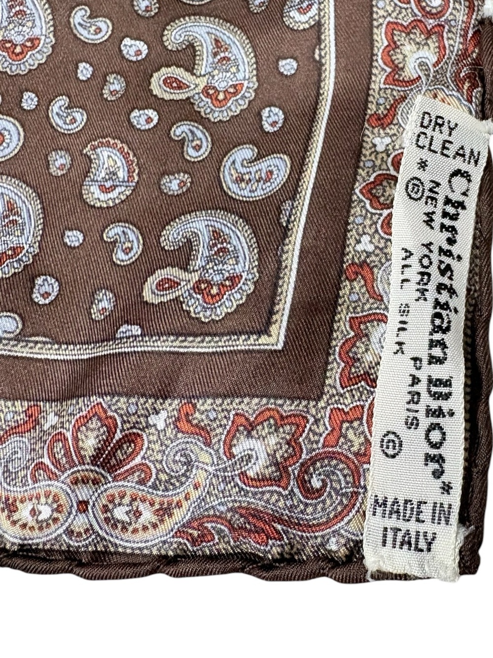 VTG Dior Christian Dior Brown Paisley Pure Silk Small Square Pocket Scarf 17x17 - Picture 4 of 6